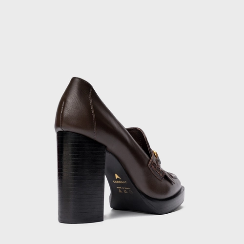 Scarpin Loafer Fringes Bridão Salto Bloco Couro Marrom Dark Brown