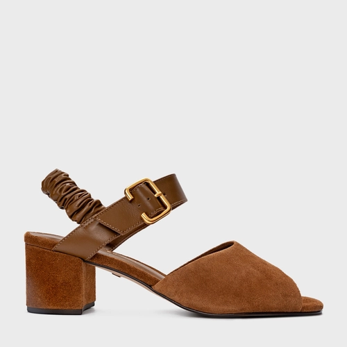Sandália Ripple Salto Bloco Couro Suede Marrom Saddle