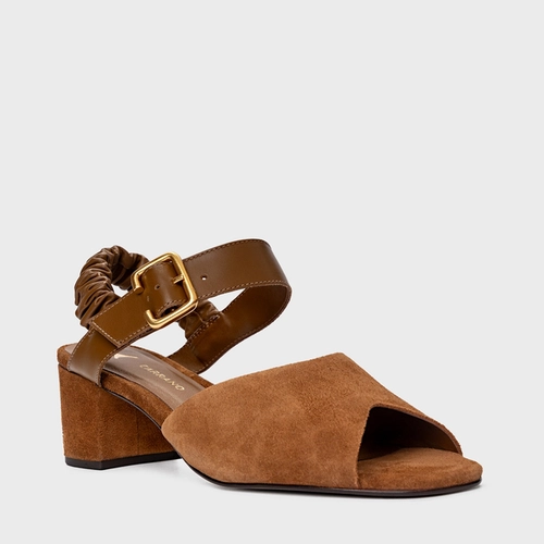Sandália Ripple Salto Bloco Couro Suede Marrom Saddle