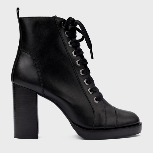 Bota Coturno Basic Amarração Salto Bloco Couro Preto