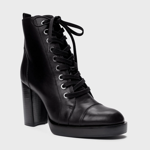 Bota Coturno Basic Amarração Salto Bloco Couro Preto