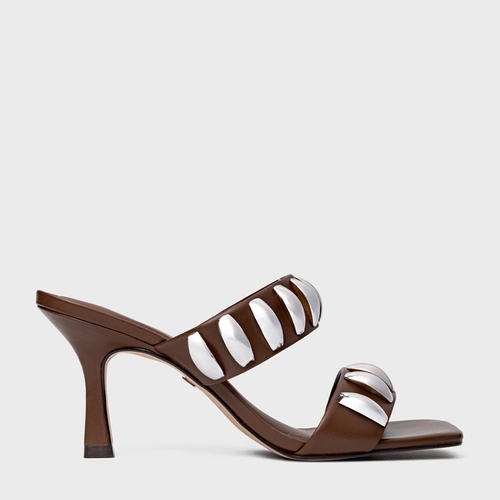 Open Mule Orbit Salto Fino Couro Marrom Brownie