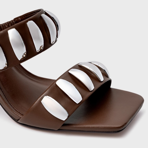 Open Mule Orbit Salto Fino Couro Marrom Brownie