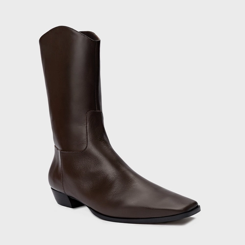 Bota Western Simple Salto Bloco Couro Marrom Dark Brown