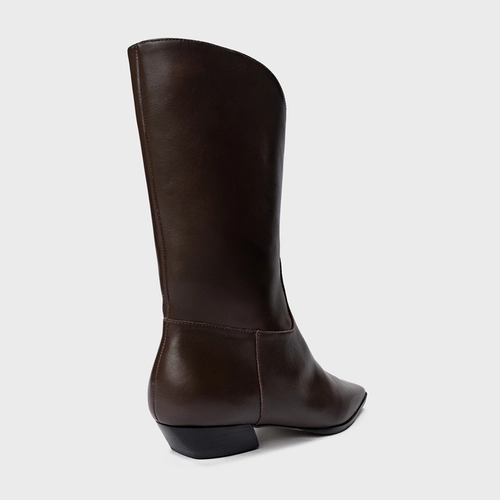 Bota Western Simple Salto Bloco Couro Marrom Dark Brown