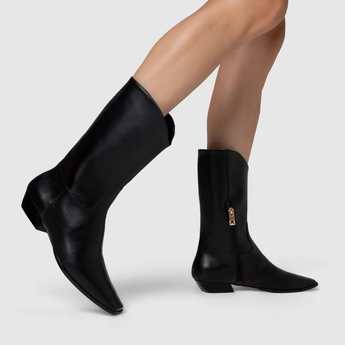 Bota Western Simple Salto Bloco Couro Preto