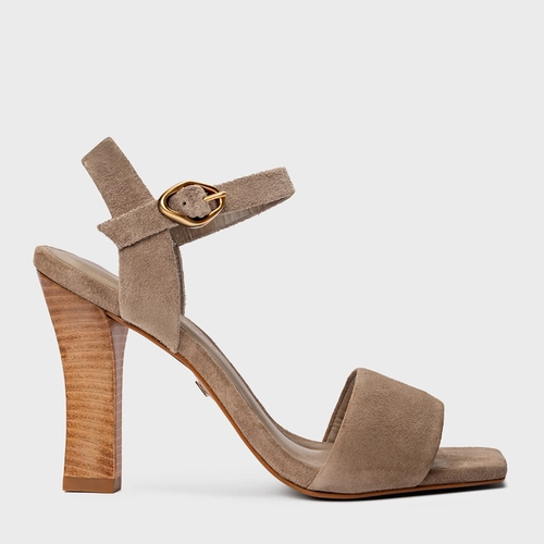 Sandália Salto Bloco Slim Couro Suede Bege Funghi