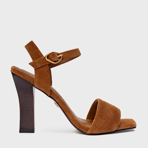 Sandália Salto Bloco Slim Couro Suede Marrom Saddle