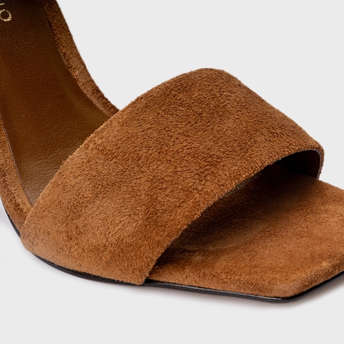 Sandália Salto Bloco Slim Couro Suede Marrom Saddle