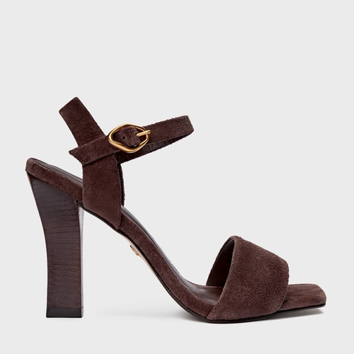 Sandália Salto Bloco Slim Couro Suede Marrom Ganache
