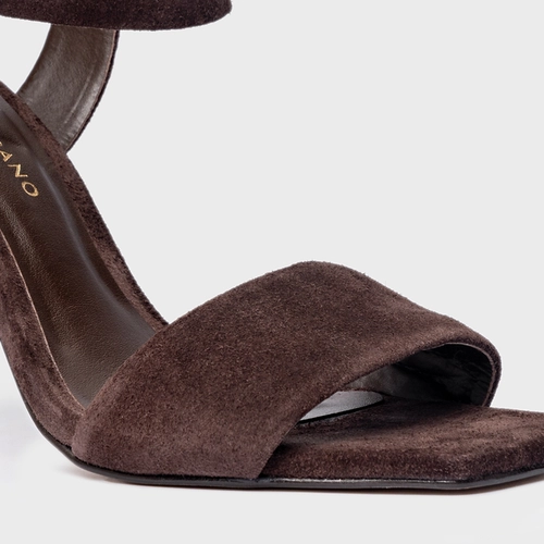 Sandália Salto Bloco Slim Couro Suede Marrom Ganache