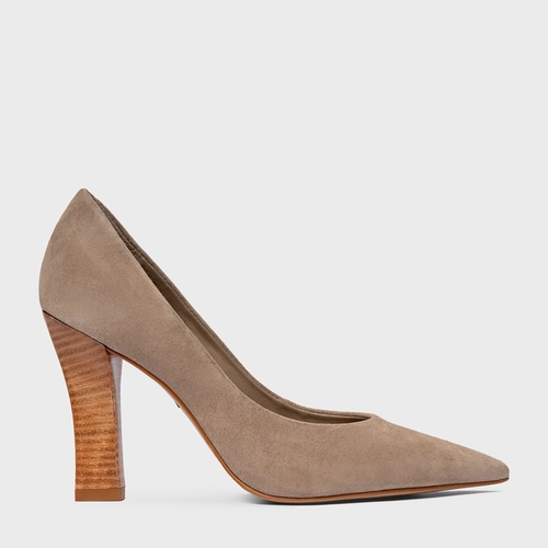 Scarpin Susan Salto Bloco Slim Couro Suede Bege Funghi