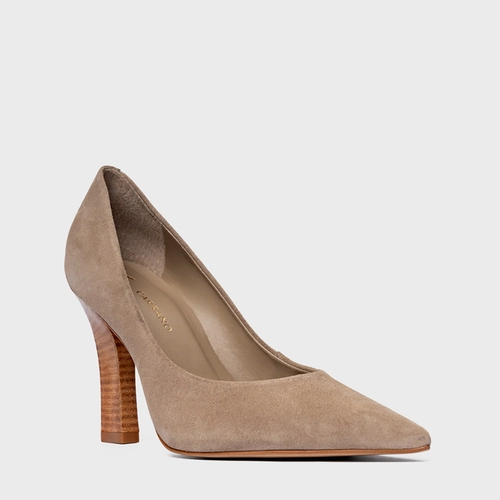 Scarpin Susan Salto Bloco Slim Couro Suede Bege Funghi