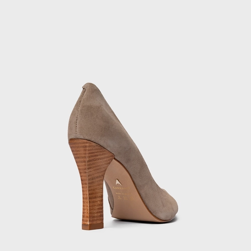 Scarpin Susan Salto Bloco Slim Couro Suede Bege Funghi