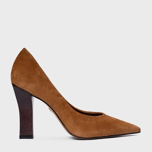 Scarpin Susan Salto Bloco Slim Couro Suede Marrom Saddle