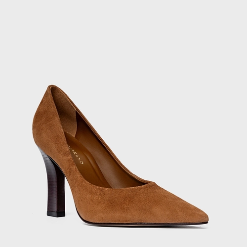 Scarpin Susan Salto Bloco Slim Couro Suede Marrom Saddle
