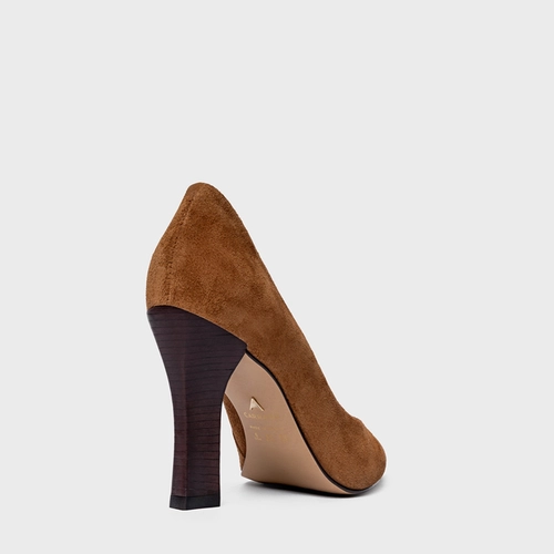Scarpin Susan Salto Bloco Slim Couro Suede Marrom Saddle