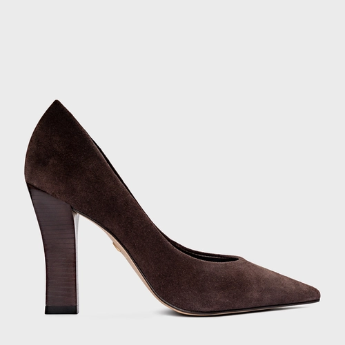 Scarpin Susan Salto Bloco Slim Couro Suede Marrom Ganache