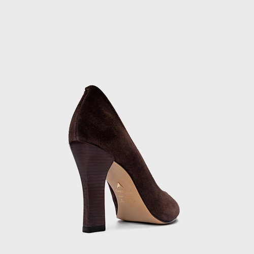 Scarpin Susan Salto Bloco Slim Couro Suede Marrom Ganache