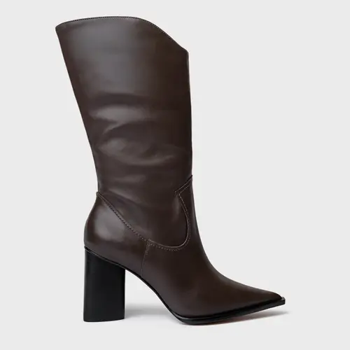 Bota Western Cano Médio Salto Bloco Maxi Couro Marrom Dark Brown