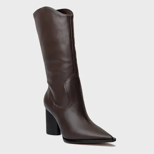 Bota Western Cano Médio Salto Bloco Maxi Couro Marrom Dark Brown
