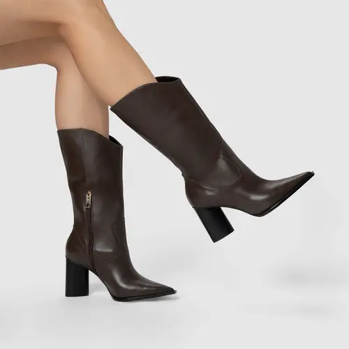 Bota Western Cano Médio Salto Bloco Maxi Couro Marrom Dark Brown