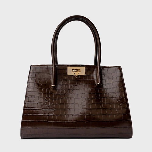 Bolsa Tote Beatrice Grande Couro Croco Marrom Dark Brown