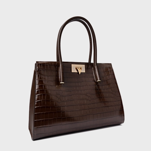 Bolsa Tote Beatrice Grande Couro Croco Marrom Dark Brown
