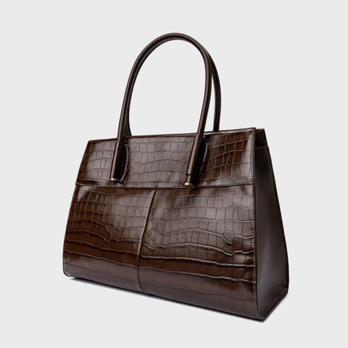 Bolsa Tote Beatrice Grande Couro Croco Marrom Dark Brown