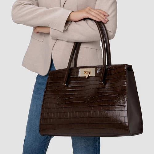 Bolsa Tote Beatrice Grande Couro Croco Marrom Dark Brown