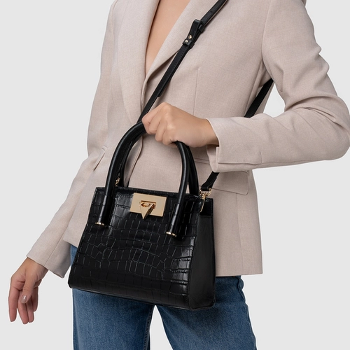 Bolsa Tote Beatrice Pequena Couro Croco Preto