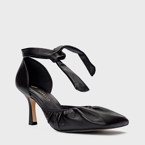 Scarpin Slingback Ripple Lace Up Salto Fino Couro Preto