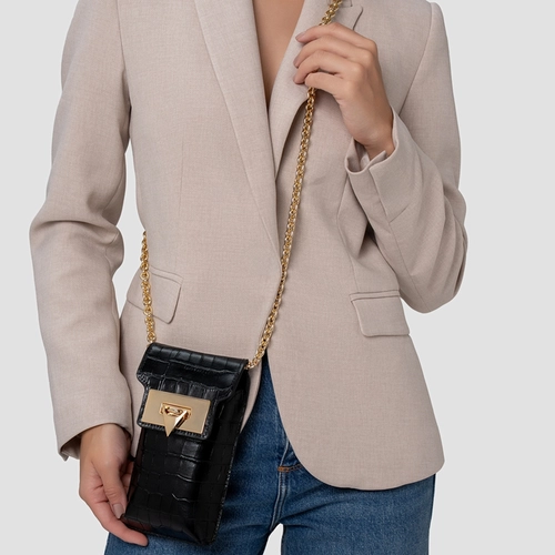 Bolsa Porta-Celular Aimé Pequena Couro Croco Preto