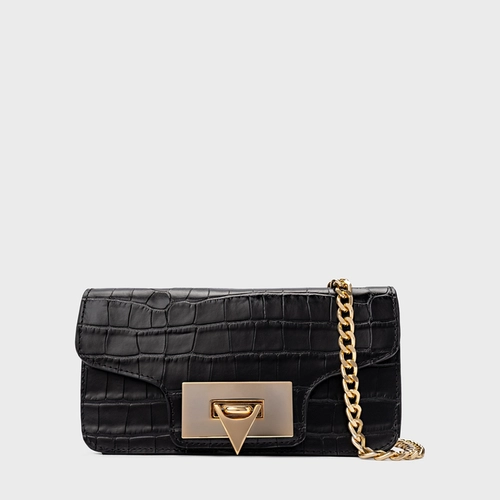 Bolsa Tiracolo Fiorella Pequena Couro Croco Preto