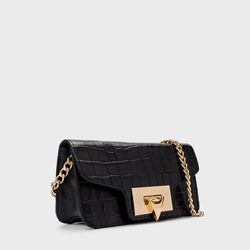 Bolsa Tiracolo Fiorella Pequena Couro Croco Preto