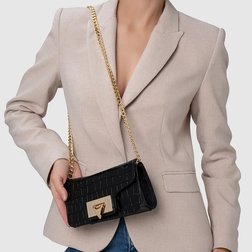 Bolsa Tiracolo Fiorella Pequena Couro Croco Preto