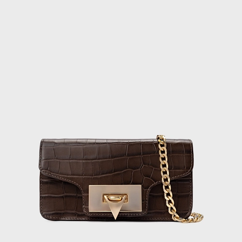 Bolsa Tiracolo Fiorella Pequena Couro Croco Marrom Dark Brown