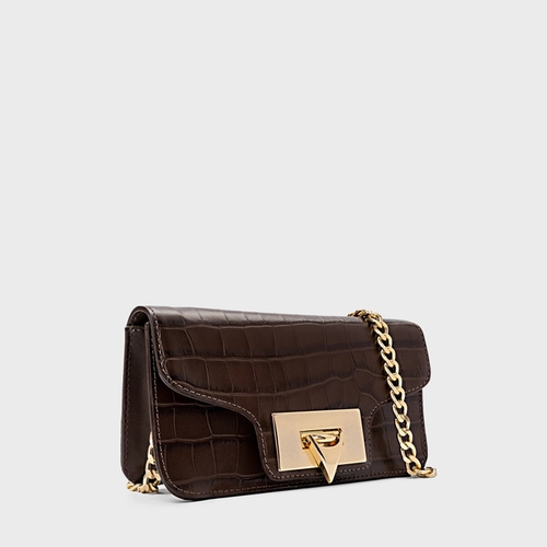 Bolsa Tiracolo Fiorella Pequena Couro Croco Marrom Dark Brown
