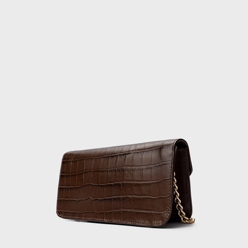 Bolsa Tiracolo Fiorella Pequena Couro Croco Marrom Dark Brown