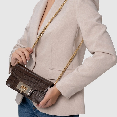 Bolsa Tiracolo Fiorella Pequena Couro Croco Marrom Dark Brown