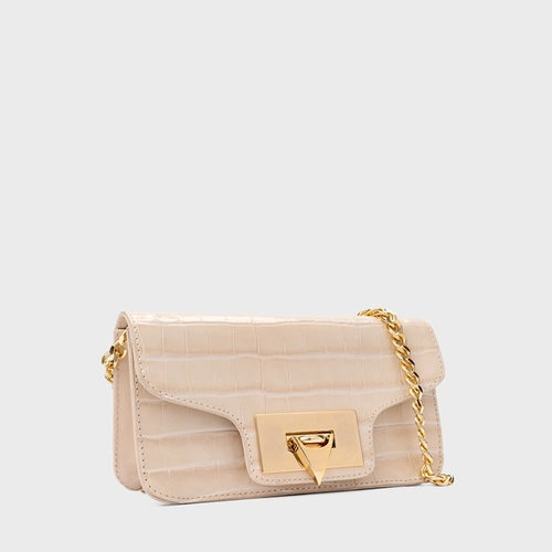 Bolsa Tiracolo Fiorella Pequena Couro Croco Off White Cotton