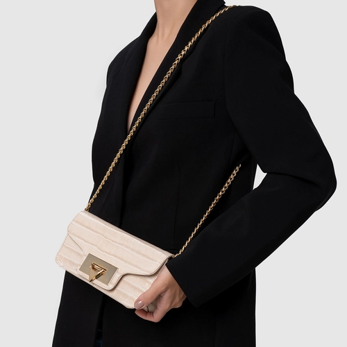 Bolsa Tiracolo Fiorella Pequena Couro Croco Off White Cotton