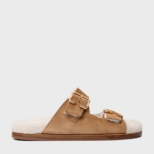 Flat Papete Birken Furry Couro Suede Bege Almond