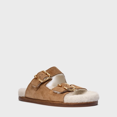 Flat Papete Birken Furry Couro Suede Bege Almond