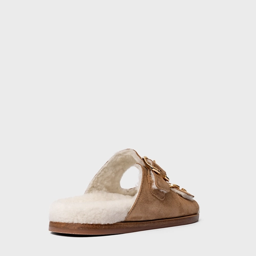 Flat Papete Birken Furry Couro Suede Bege Almond