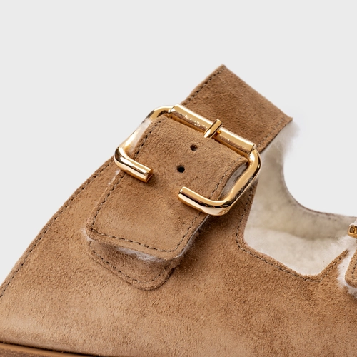Flat Papete Birken Furry Couro Suede Bege Almond