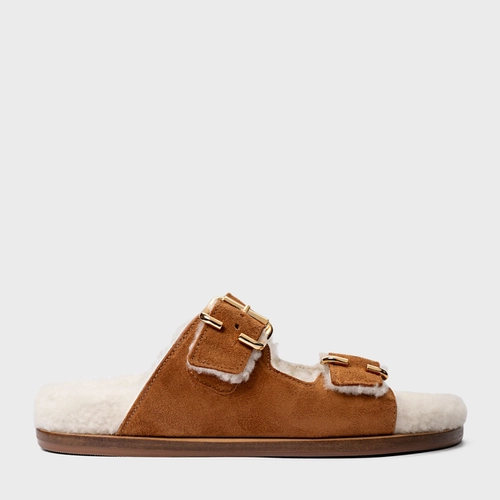 Flat Papete Birken Furry Couro Suede Marrom Saddle