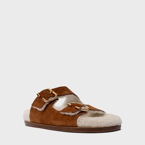 Flat Papete Birken Furry Couro Suede Marrom Saddle