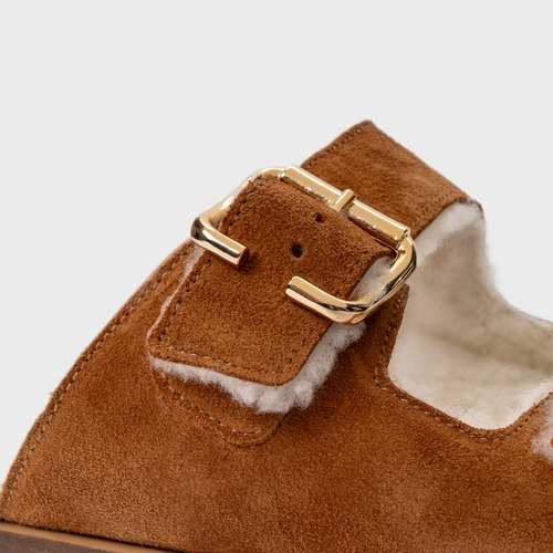 Flat Papete Birken Furry Couro Suede Marrom Saddle