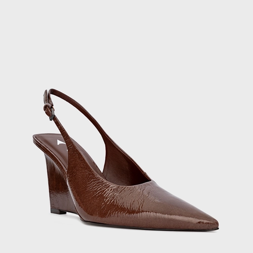 Scarpin Slingback Anabela Addict Couro Verniz Marrom Brownie
